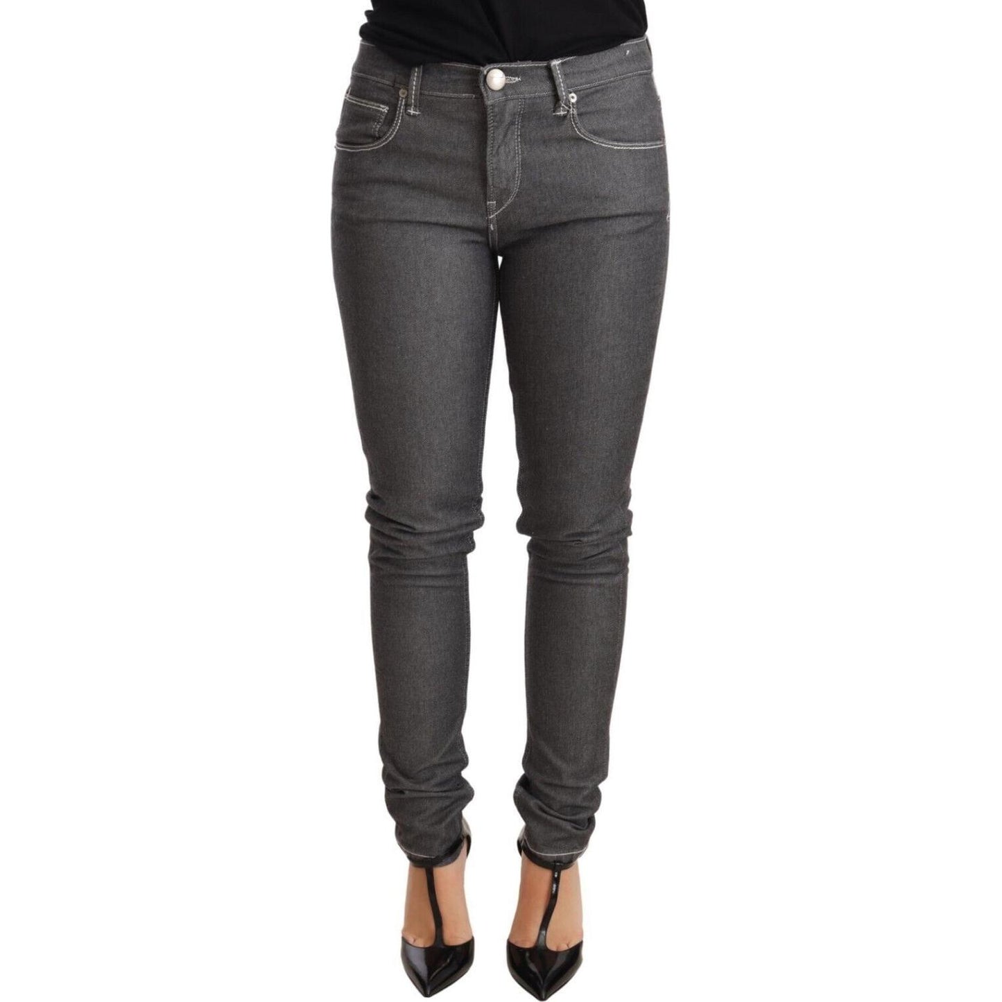 Elegant Gray Mid Waist Skinny Jeans