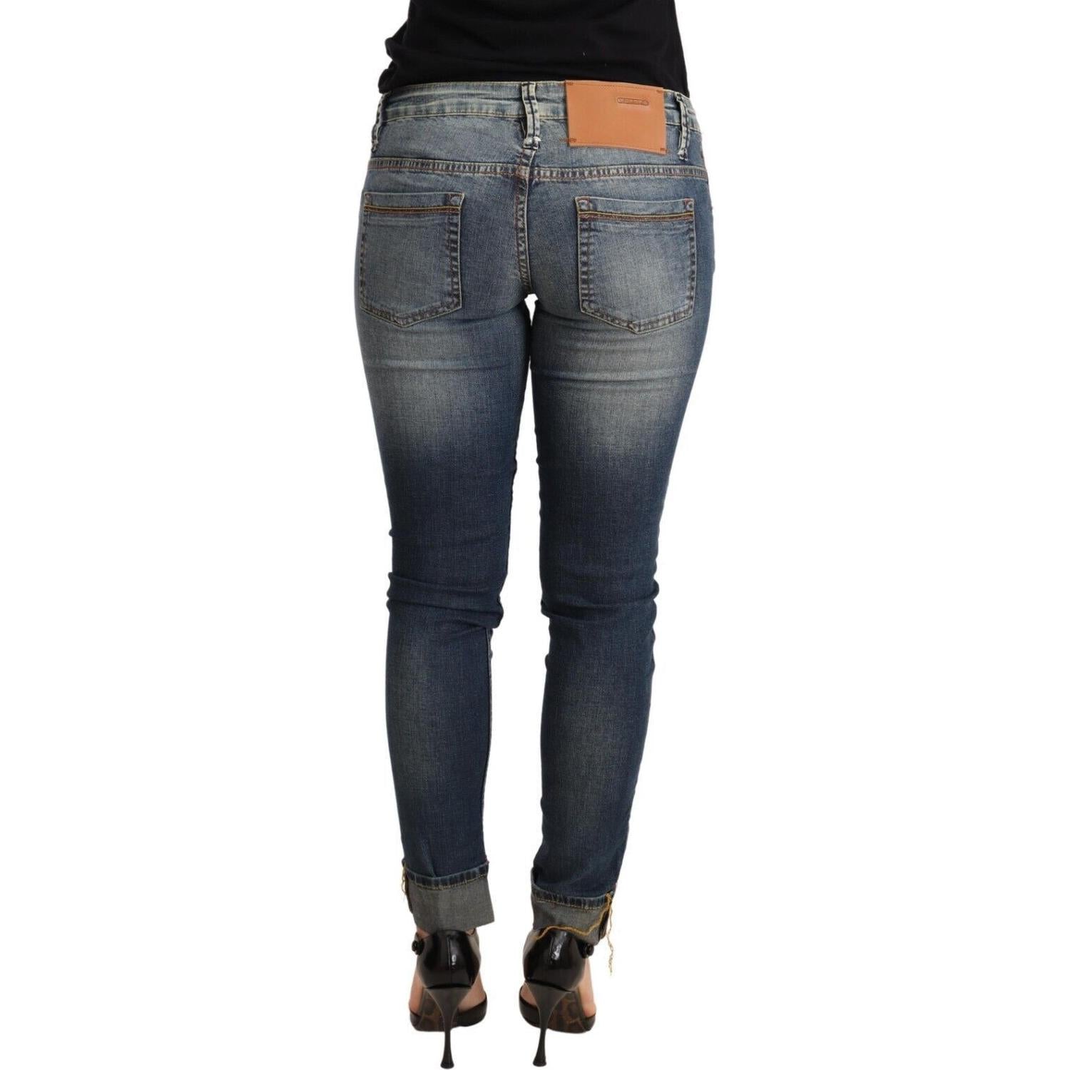 Acht Blue Washed Cotton Low Waist Skinny Denim Women Trouser Jeans