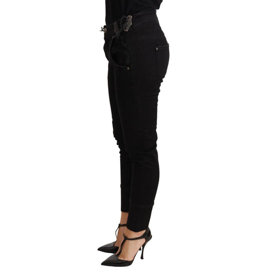 Chic Low Waist Skinny Black Cotton Trousers