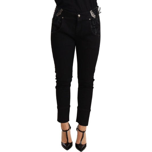 Chic Low Waist Skinny Black Cotton Trousers