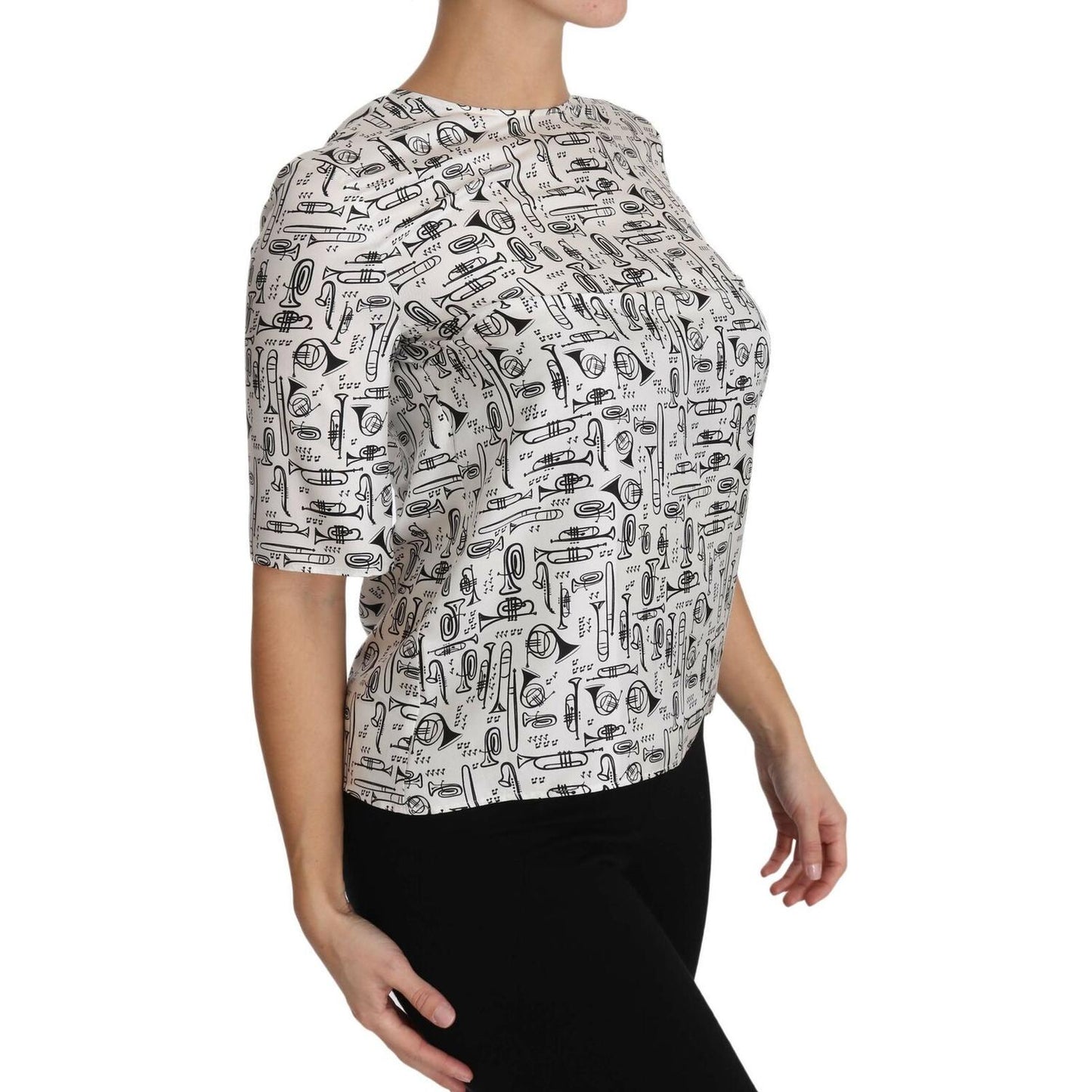 Elegant Trumpet Print Silk Blouse Top