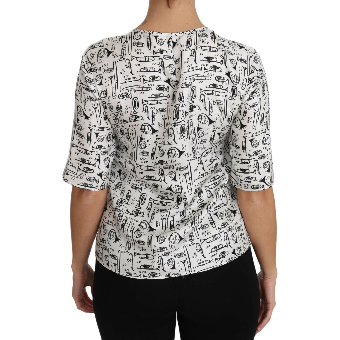 Elegant Trumpet Print Silk Blouse Top