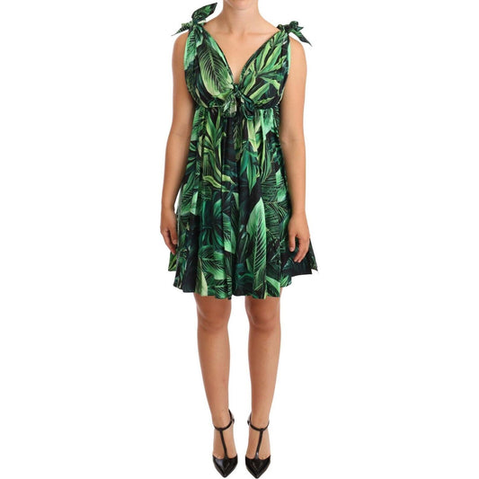 Elegant Flared Mini A-Line Dress in Green Leaf Print Dolce & Gabbana