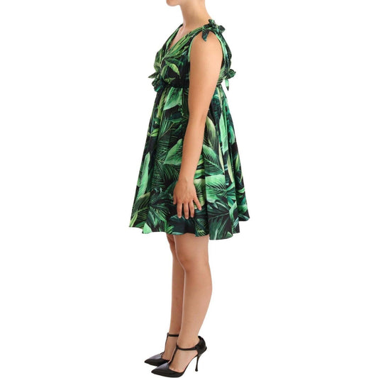 Elegant Flared Mini A-Line Dress in Green Leaf Print Dolce & Gabbana