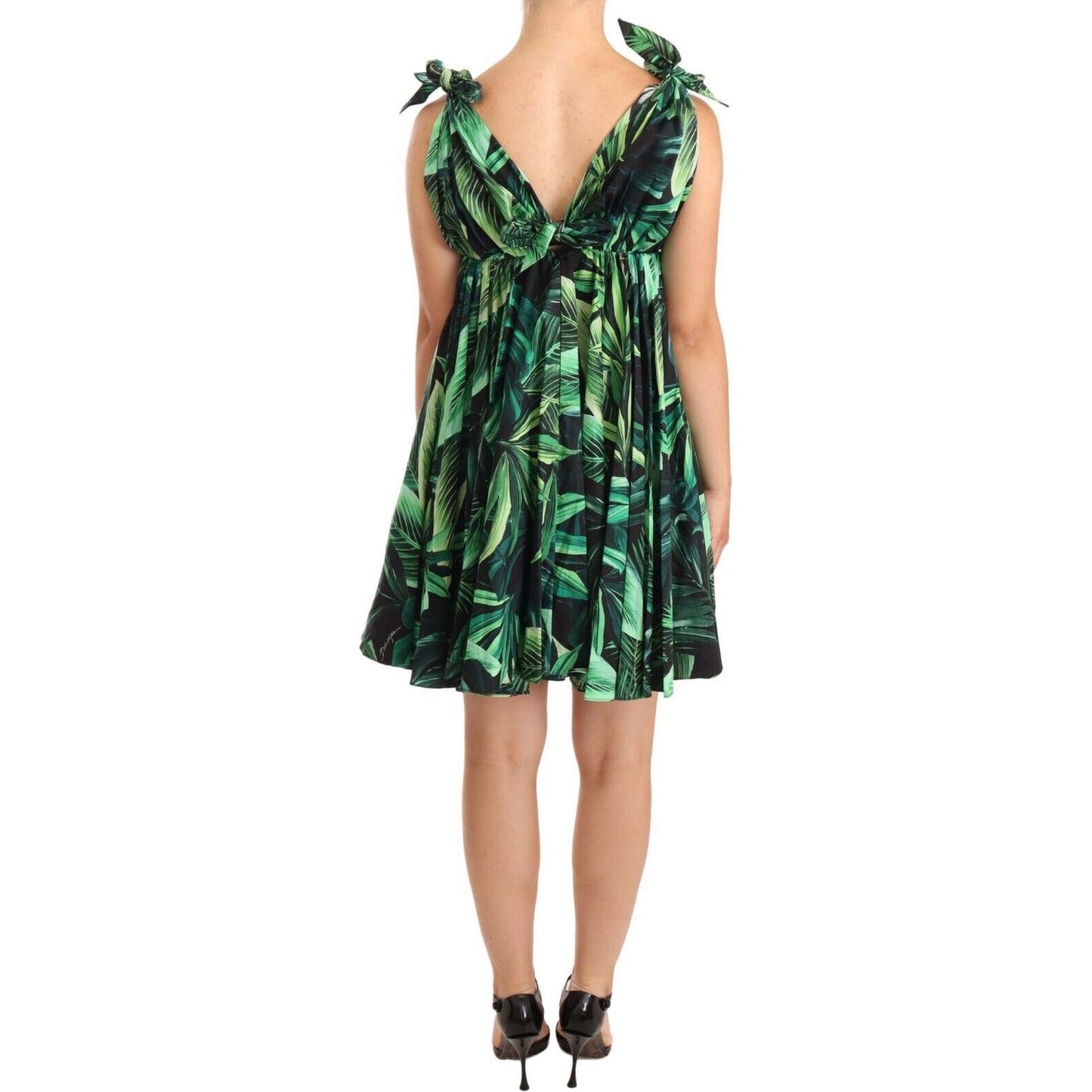 Elegant Flared Mini A-Line Dress in Green Leaf Print