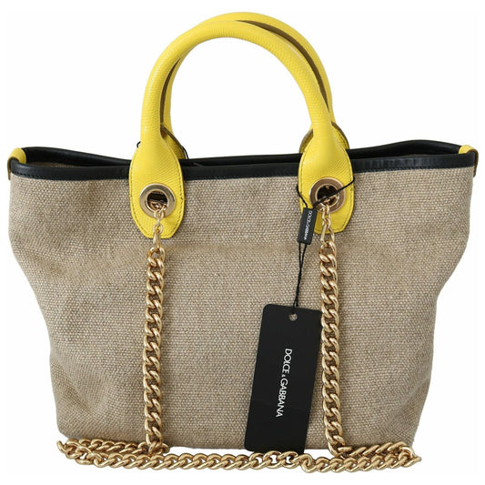 Beige Linen-Calf Tote with Gold Chain