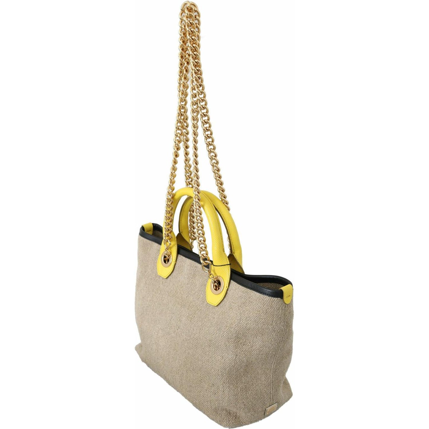 Beige Linen-Calf Tote with Gold Chain