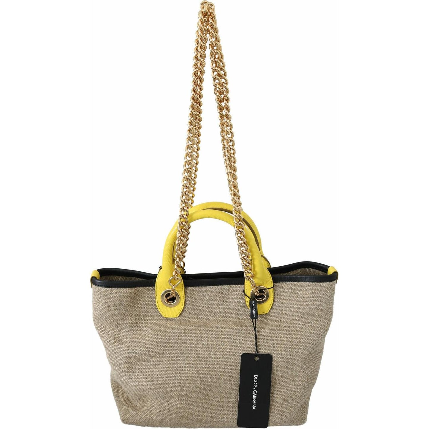 Beige Linen-Calf Tote with Gold Chain