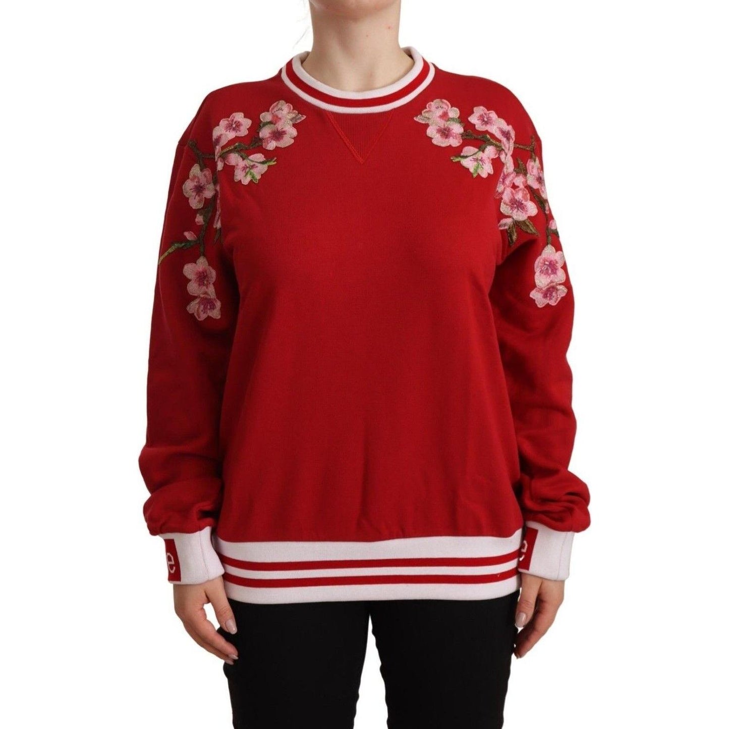 Elegant Red Crewneck Pullover with Floral Motif