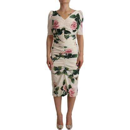 Dolce & Gabbana White Roses Print Stretch Silk Pleated Dress Dress