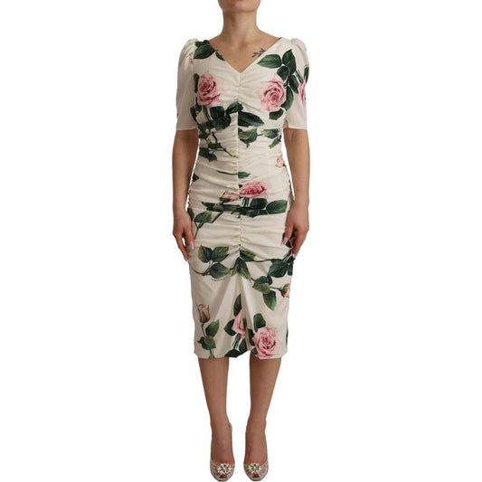Dolce & Gabbana White Roses Print Stretch Silk Pleated Dress Dolce & Gabbana
