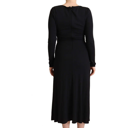 PINKO Black Nylon Stretch Long Sleeves Deep V-neck Maxi Dress
