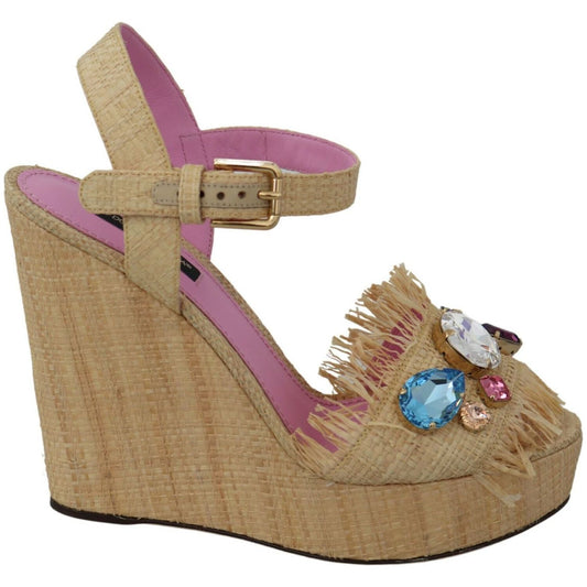 Beige Silk Strap Wedge Sandals