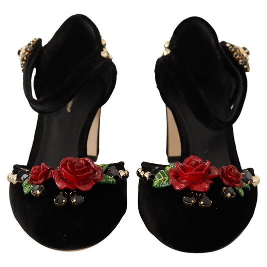 Elegant Velvet Studded Heels with Floral Accent