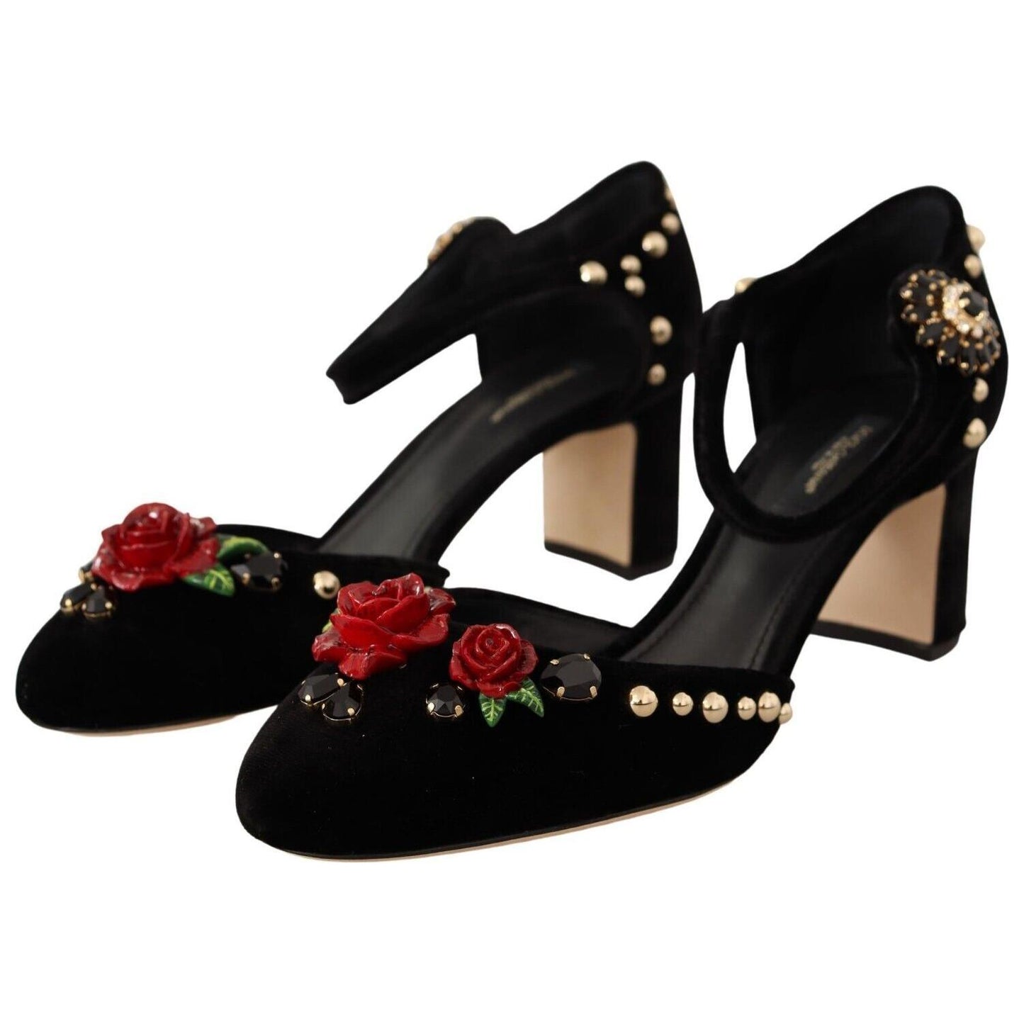 Elegant Velvet Studded Heels with Floral Accent