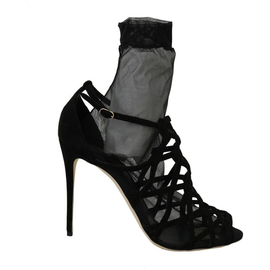 Black Suede Tulle Ankle Boot Sandals