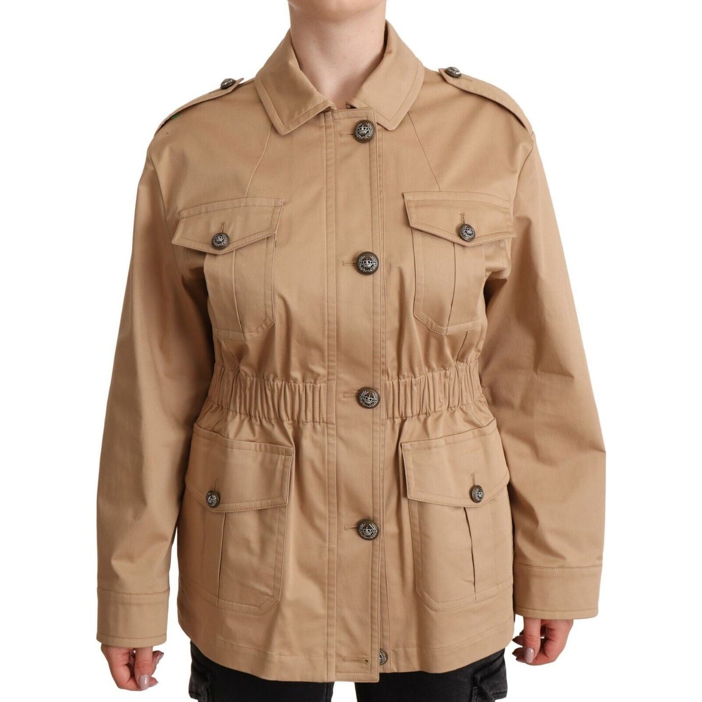 Chic Beige Button Down Coat with Embellishments