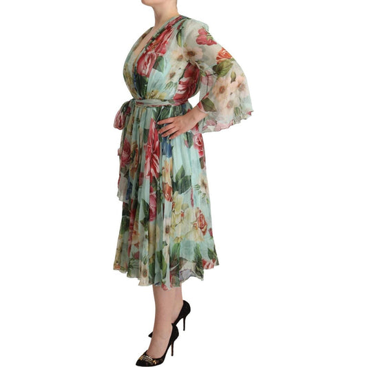 Elegant Floral Green Midi Silk Dress