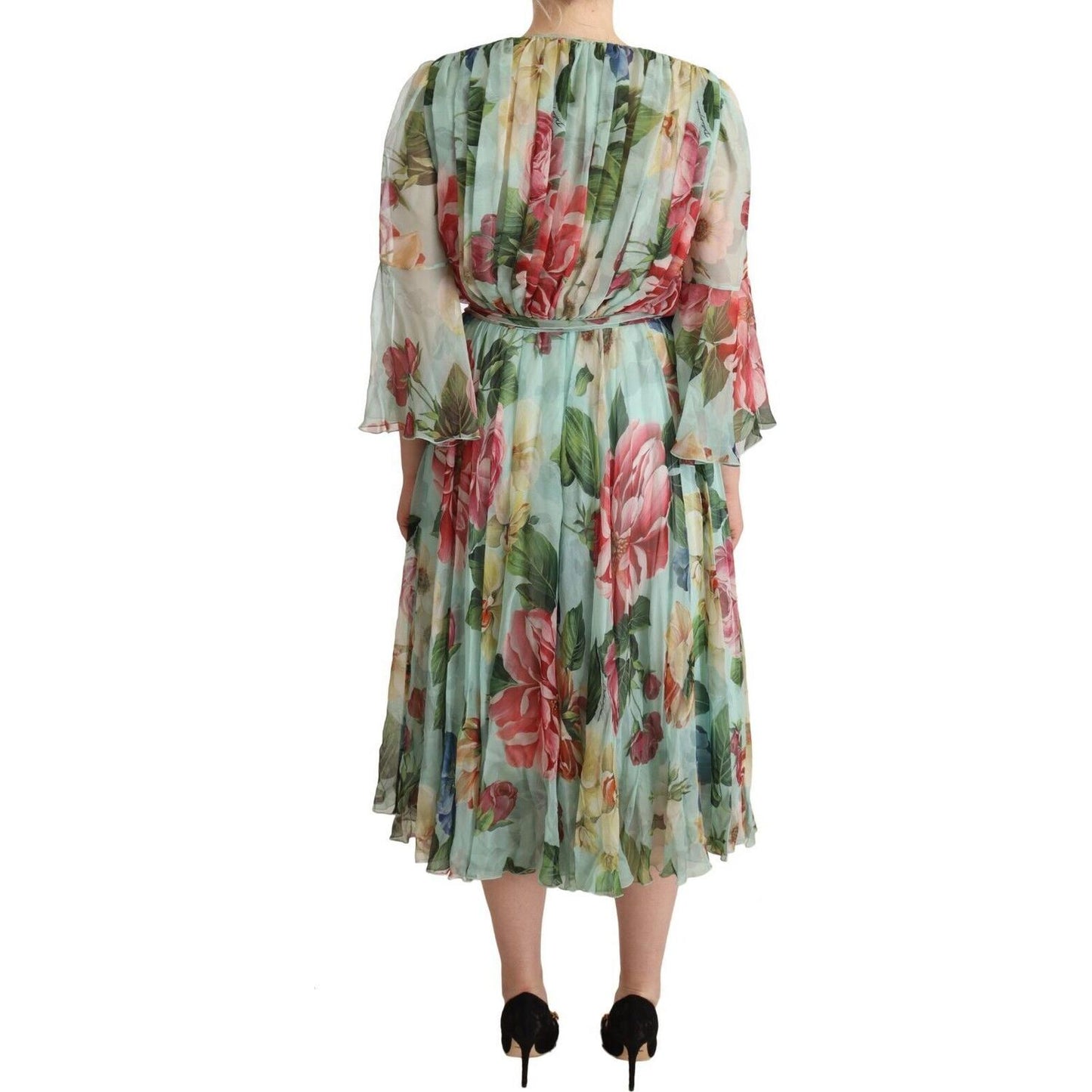 Elegant Floral Green Midi Silk Dress