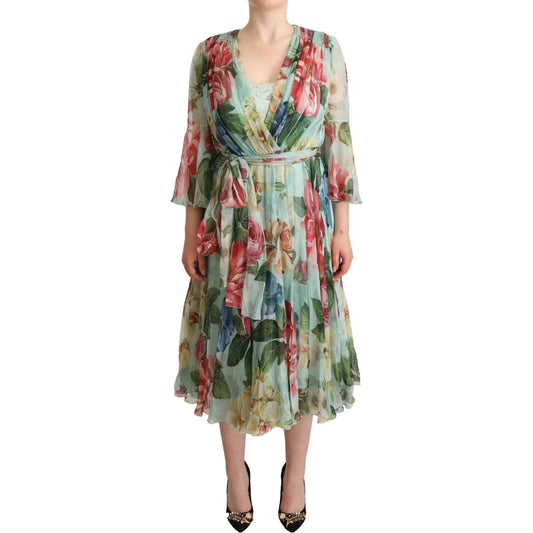 Dolce & Gabbana Green Floral Long Sleeves V-neck Midi Dress Dolce & Gabbana