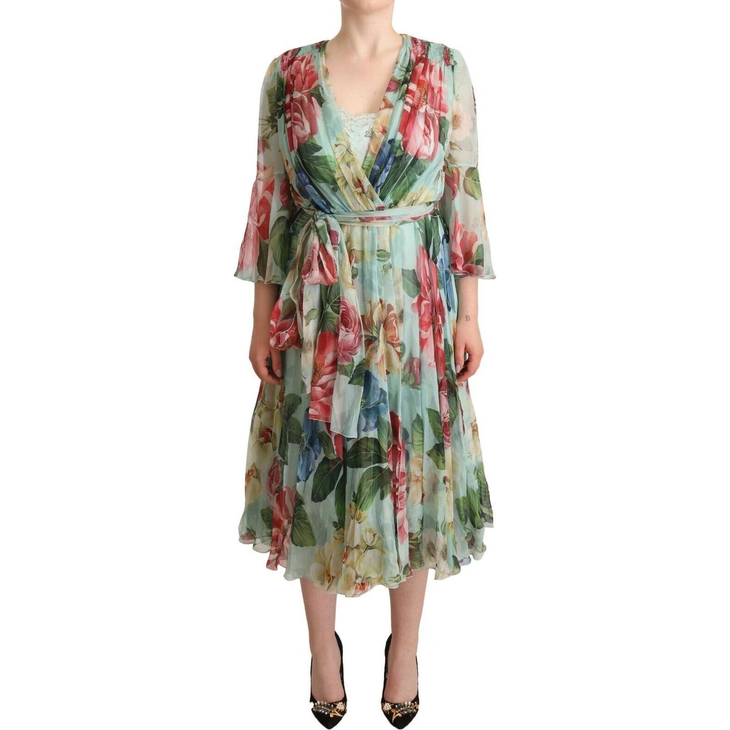 Elegant Floral Green Midi Silk Dress