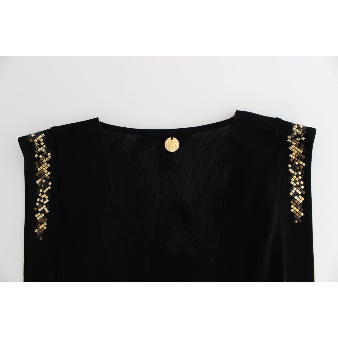 Roccobarocco Elegant Sleeveless Black Mini Dress with Gold Details Dresses black-embellished-jersey-mini-sheath-short-dress