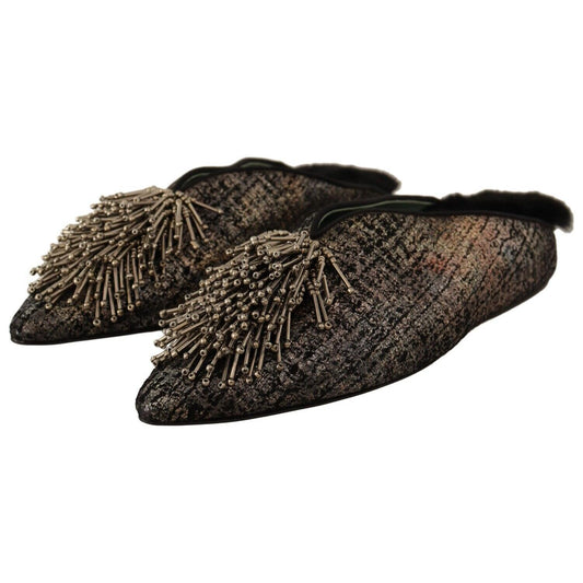 Paola D'Arcano Gold Jacquard Leather Embellished Slip On Shoes