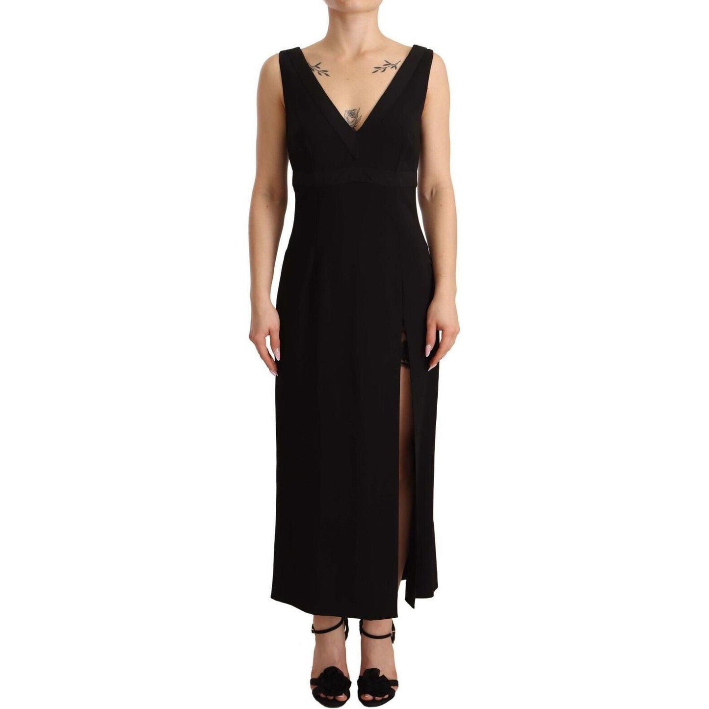 Dolce & Gabbana Elegant Black V-Neck Sheath Midi Dress Dolce & Gabbana