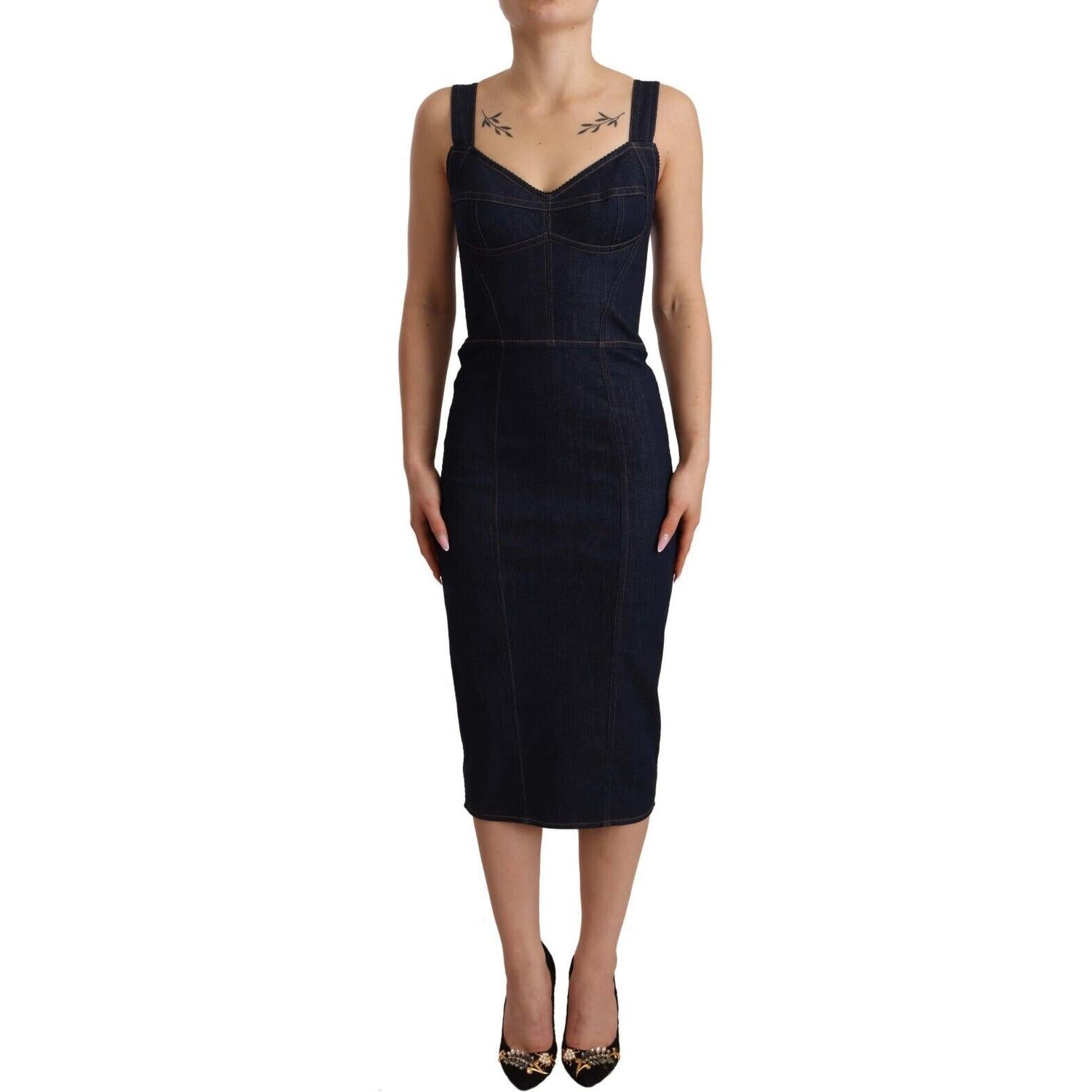 Dolce & Gabbana Dark Blue Cotton Denim Sheath Midi Dress