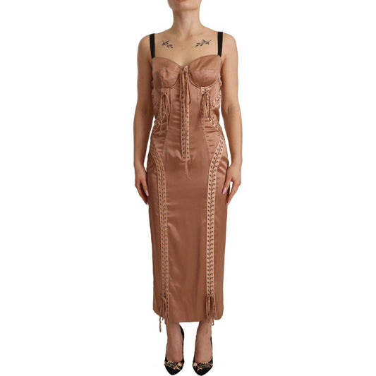 Elegant Beige Corset Midi Silk Dress