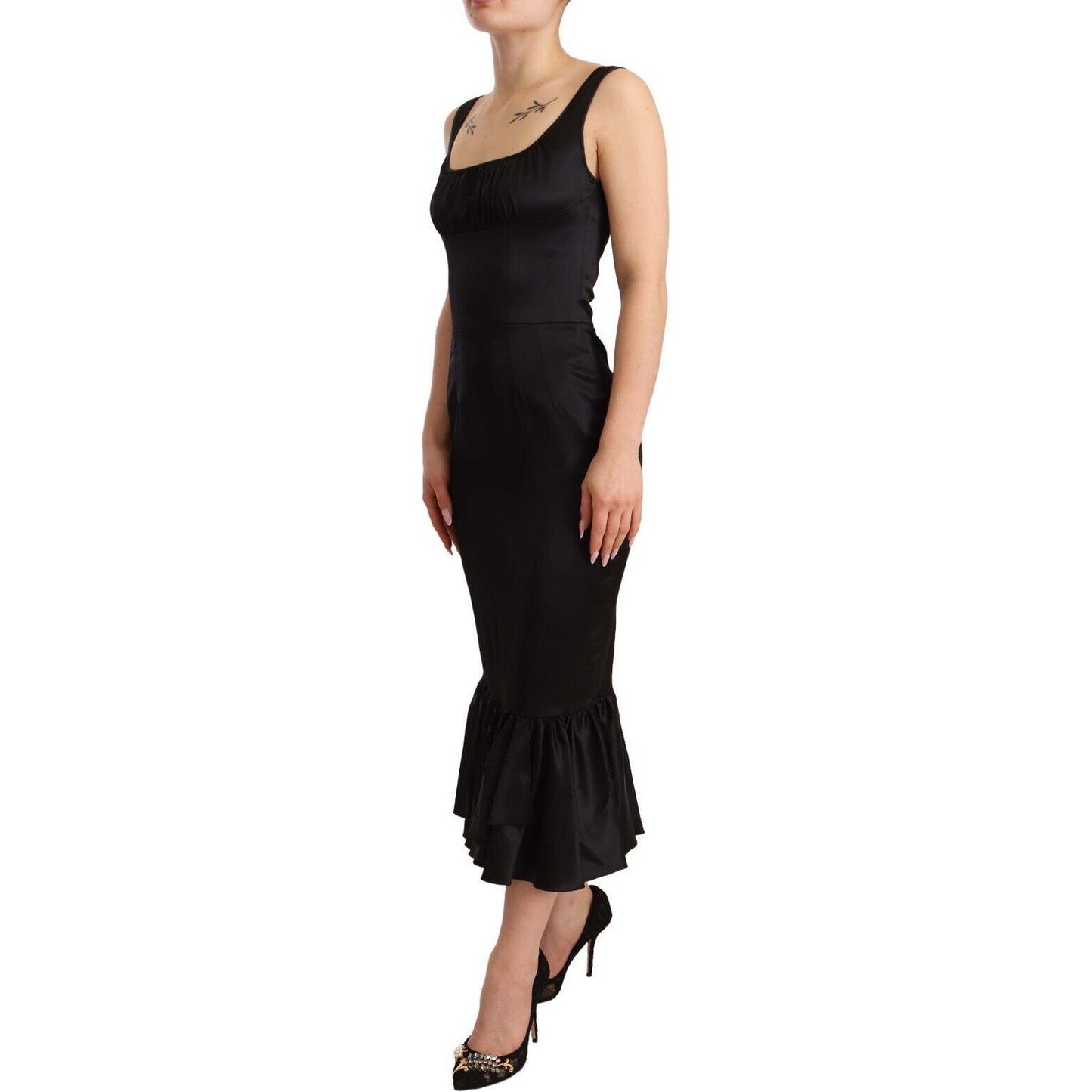 Elegant Black Silk Midi Sheath Dress