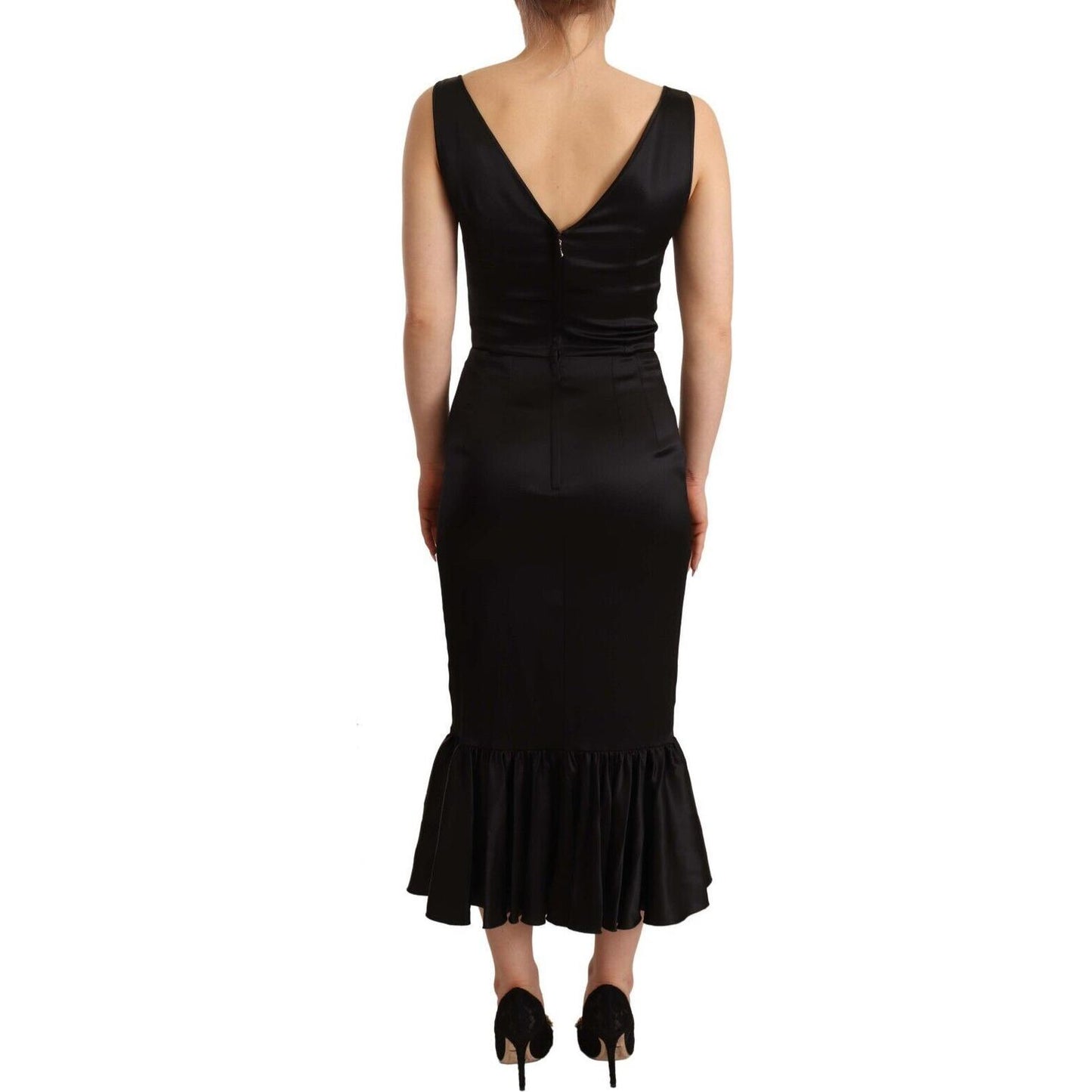 Elegant Black Silk Midi Sheath Dress