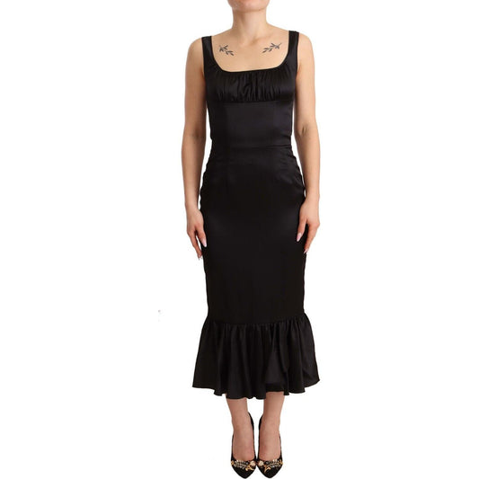 Elegant Black Silk Midi Sheath Dress