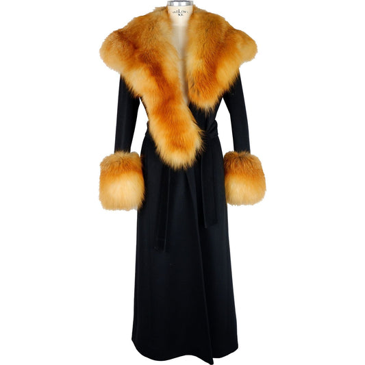 Made in Italy Elegant Black Wool Coat with Fox Fur Accents Made in Italy