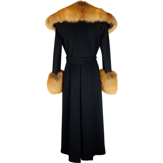 Elegant Black Wool Coat with Fox Fur Accents