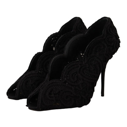 Dolce & Gabbana Black Cordonetto Ricamo Pump Open Toe Shoes