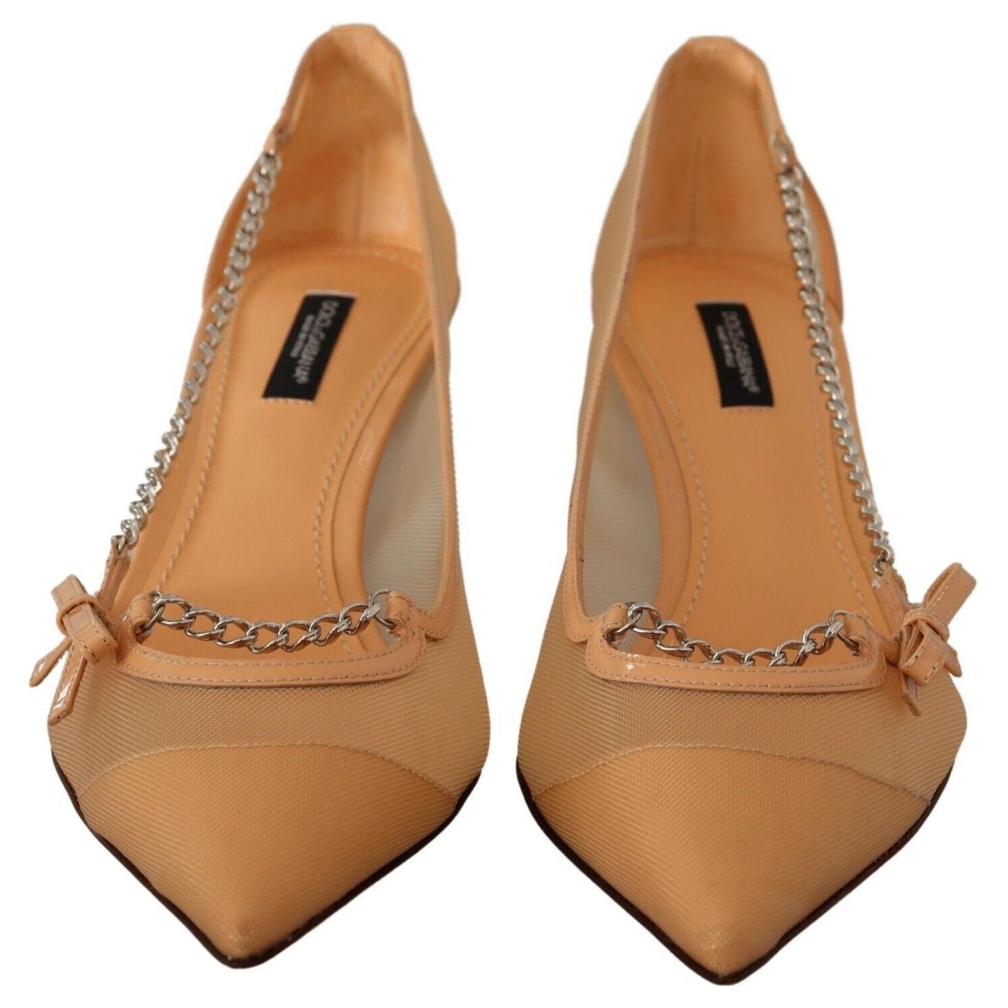 Elegant Beige Mesh Pumps with Silver Chains