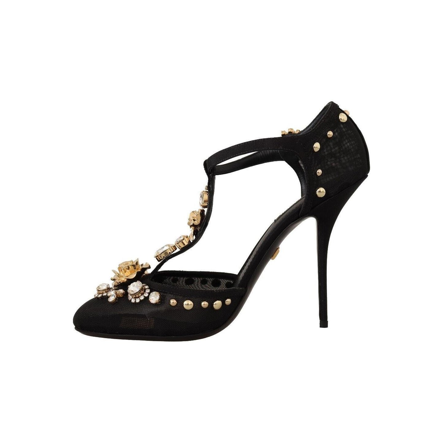 Elegant Crystal-Embellished Mesh T-Strap Pumps