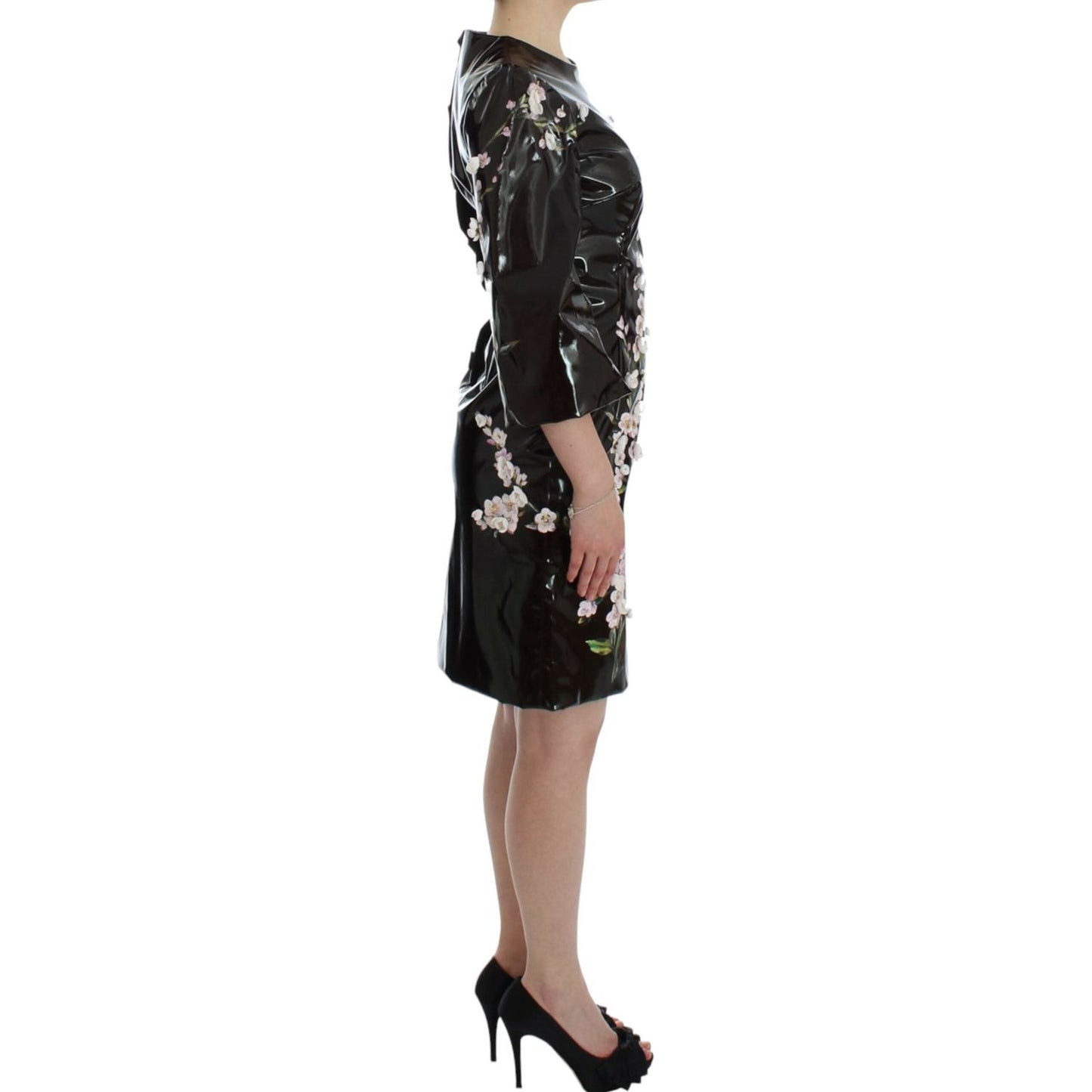 Dolce & Gabbana Elegant Floral Sheath Cocktail Dress Dresses black-floral-3-4-sleeve-sheath-dress