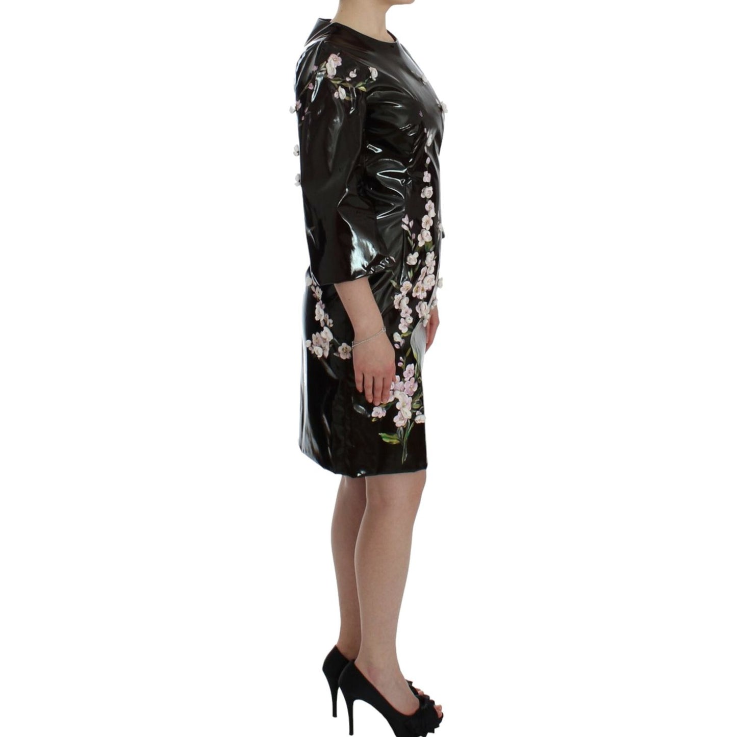 Dolce & Gabbana Elegant Floral Sheath Cocktail Dress Dresses black-floral-3-4-sleeve-sheath-dress