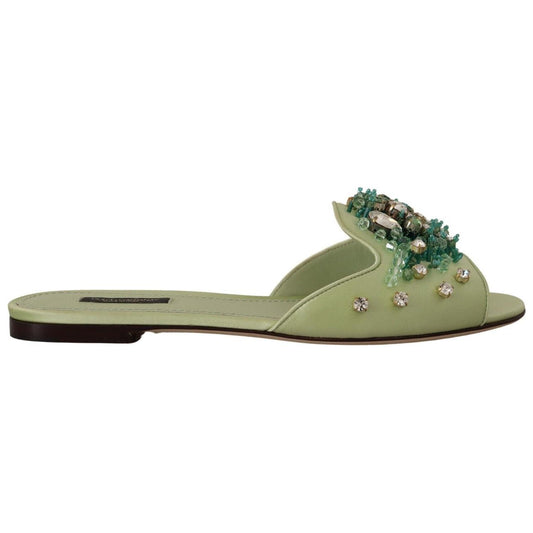 Elegant Crystal-Embellished Green Leather Slides