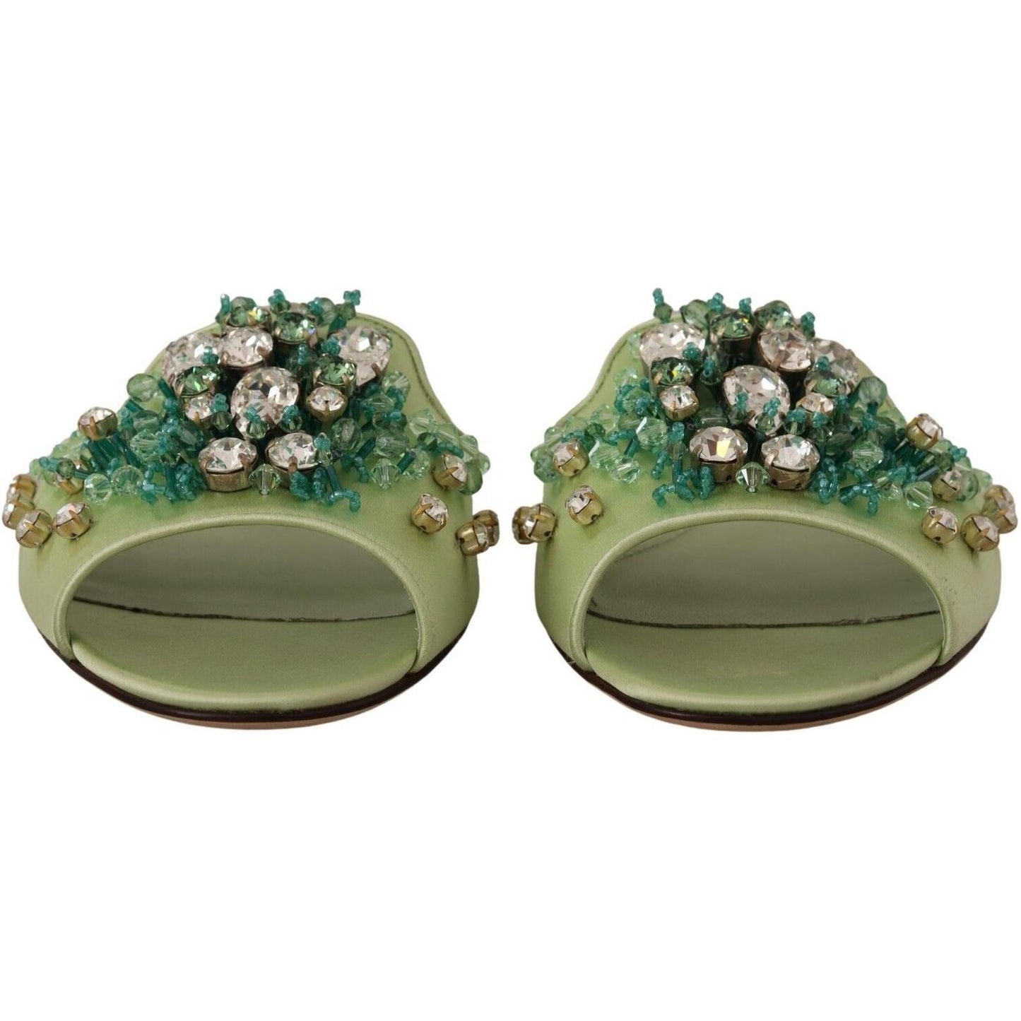 Dolce & Gabbana Elegant Crystal-Embellished Green Leather Slides Dolce & Gabbana