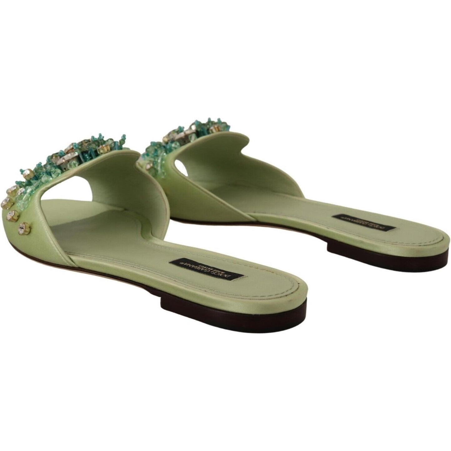 Dolce & Gabbana Elegant Crystal-Embellished Green Leather Slides Dolce & Gabbana