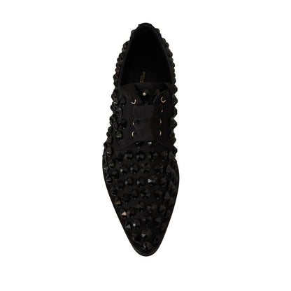 Dolce & Gabbana Black Lace Up Studded Formal Flats Shoes