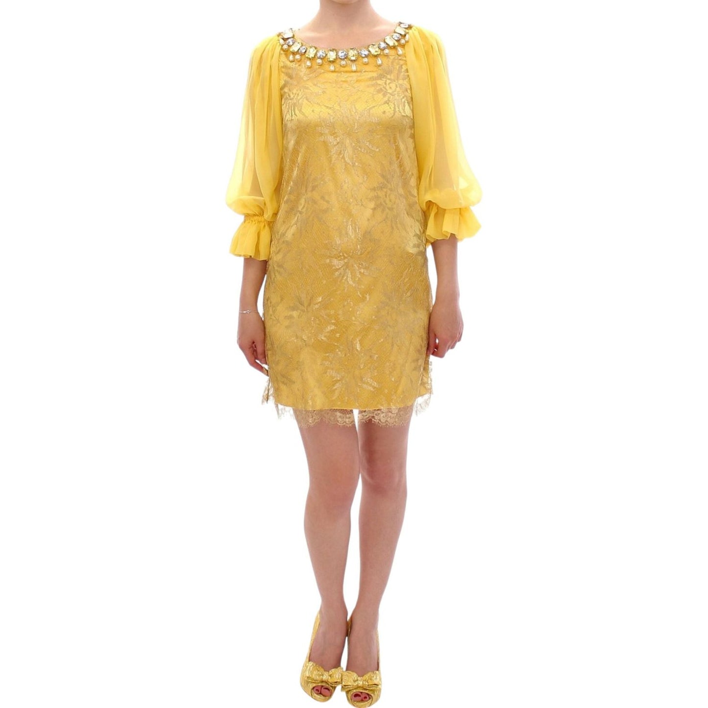 Yellow Lace Crystal Embellished Mini Dress