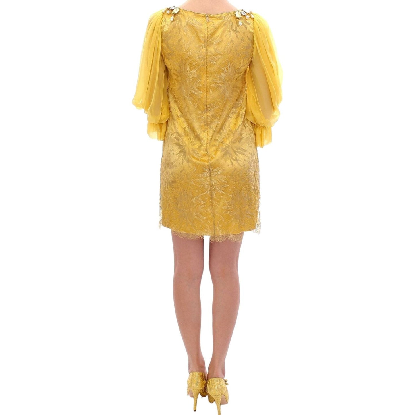 Dolce & Gabbana Yellow Lace Crystal Embellished Mini Dress yellow-lace-crystal-mini-dress