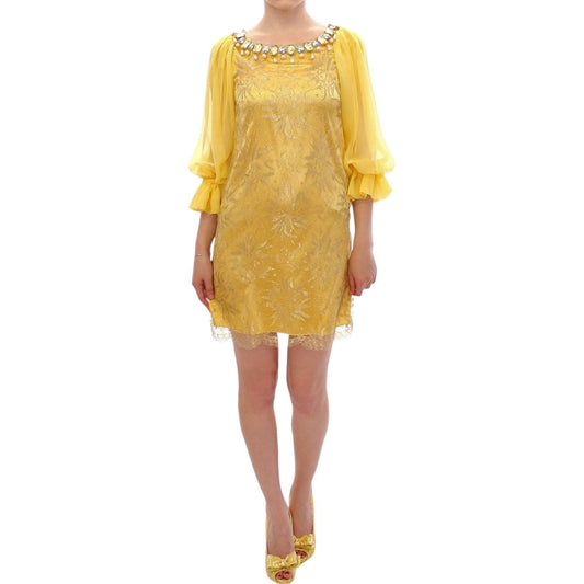 Dolce & Gabbana Yellow Lace Crystal Embellished Mini Dress yellow-lace-crystal-mini-dress