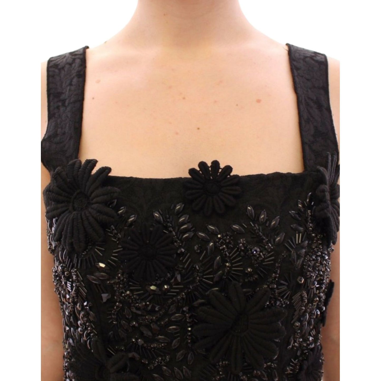 Dolce & Gabbana Elegant Sequined Mini Shift Dress black-floral-crystal-embedded-dress-1