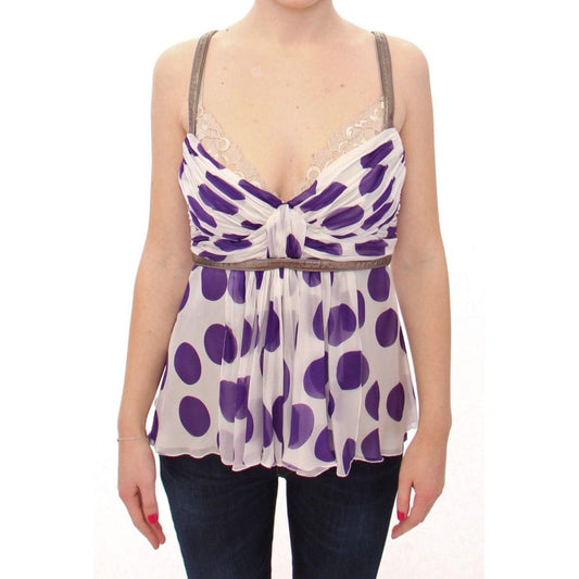 Elegant Polka Dotted Silk Blouse with Leather Detailing