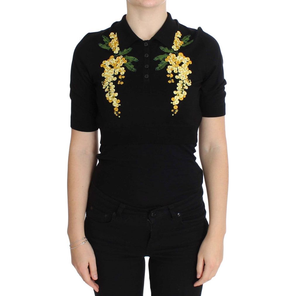 Elegant Black Silk Floral Polo Top